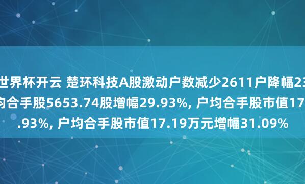 世界杯开云 楚环科技A股激动户数减少2611户降幅23.03%， 开通A股户均合手股5653.74股增幅29.93%， 户均合手股市值17.19万元增幅31.09%